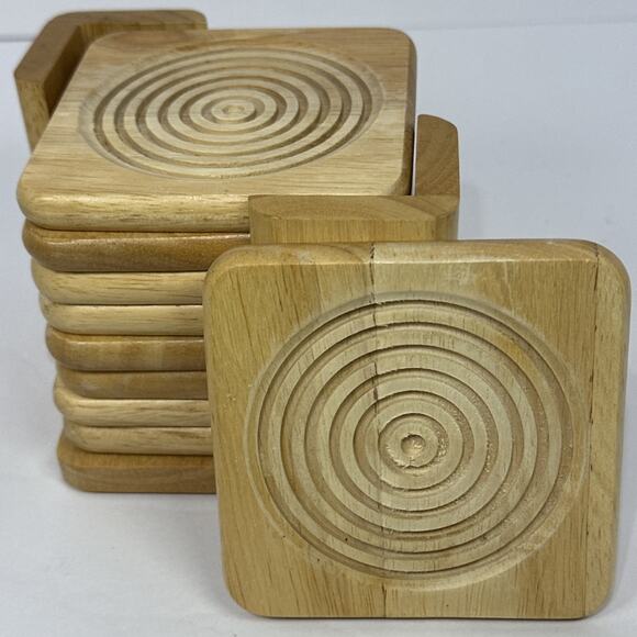 Set of 8 Wooden Drink Coasters with Holder Engraved Circles Rustic Decor - Picture 6 of 9